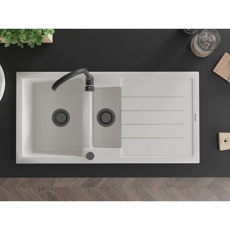 Mexen Andres žulový kuchynský drez 1,5-komorový s odkvapkávačom a kuchynskou batériou Telma, biely - 6515-20-670200-70