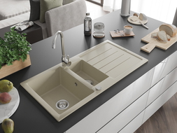 Mexen Andres granitový drez 1,5-komorový s odkvapkávačom a kuchynskou batériou Telma, béžový - 6515-69-670200-00