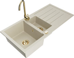 Mexen Andres žulový drez 1,5-komorový s odkvapkávačom a kuchynskou batériou Telma, béžová - 6515-69-670200-50
