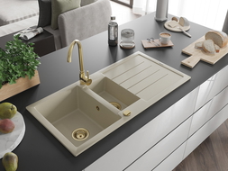 Mexen Andres žulový drez 1,5-komorový s odkvapkávačom a kuchynskou batériou Telma, béžová - 6515-69-670200-50