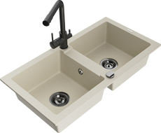 Mexen Mario žulový kuchynský drez 2-komorový s kuchynskou batériou Duero, béžový - 6504-69-671600-70