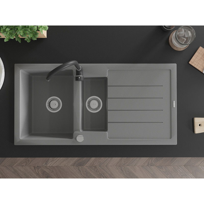 Mexen Andres granitový drez 1,5-komorový s odkvapkávačom a kuchynskou batériou Telma, šedý - 6515-71-670200-70