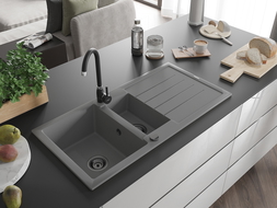 Mexen Andres žulový drez s 1,5 komorou s odkvapkávačom a kuchynskou batériou Telma, sivý - 6515-71-670200-70-B