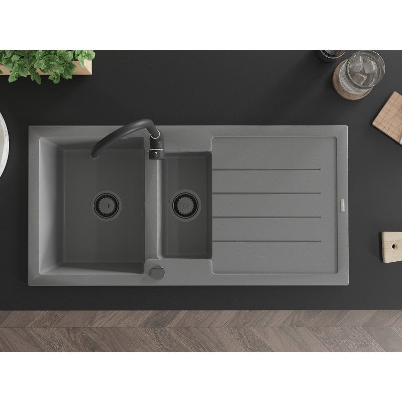 Mexen Andres žulový drez s 1,5 komorou s odkvapkávačom a kuchynskou batériou Telma, sivý - 6515-71-670200-70-B