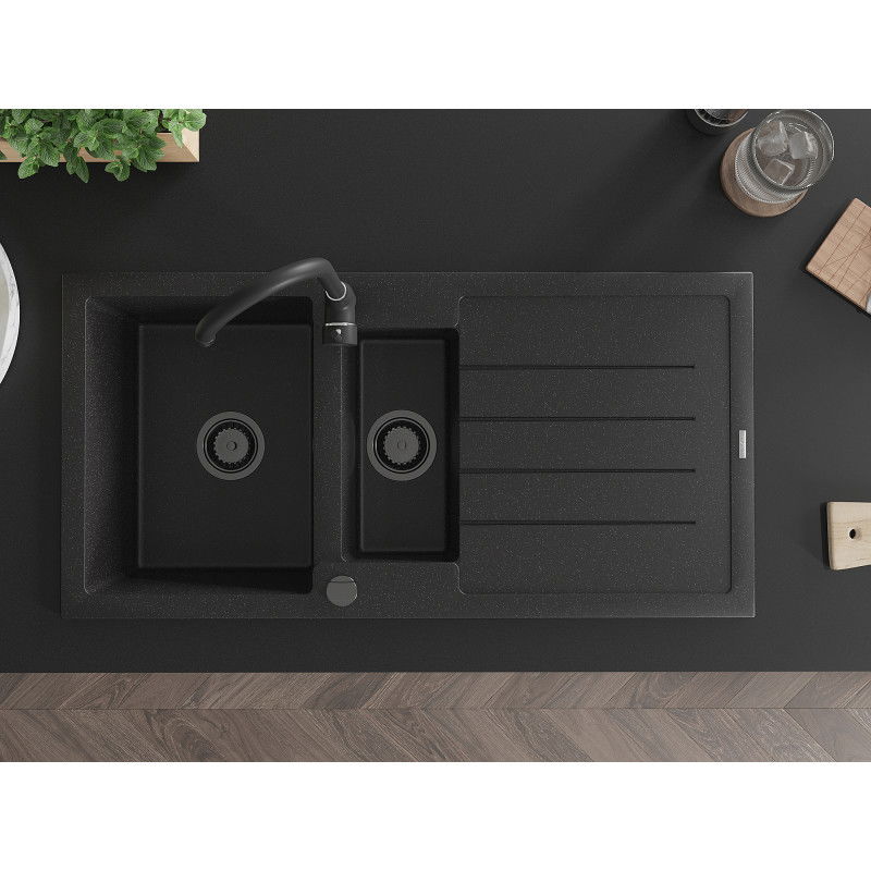 Mexen Andres granitový drezy 1,5-komorový s odkvapkávačom a kuchynskou batériou Telma, čierny/strieborný - 6515-73-670200-70-B