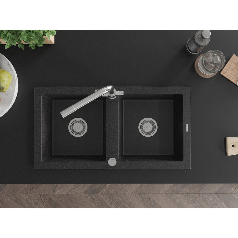 Mexen Mario žulový dvojkomorový drez s kuchynskou batériou Duero, čierny/strieborný metalik - 6504-73-671600-00