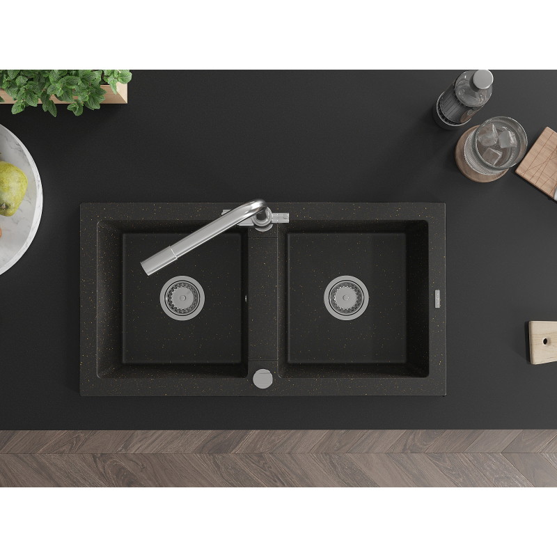 Mexen Mario granitový drez 2-komorový s kuchynskou batériou Duero, čierny/zlatý metalik - 6504-75-671600-00