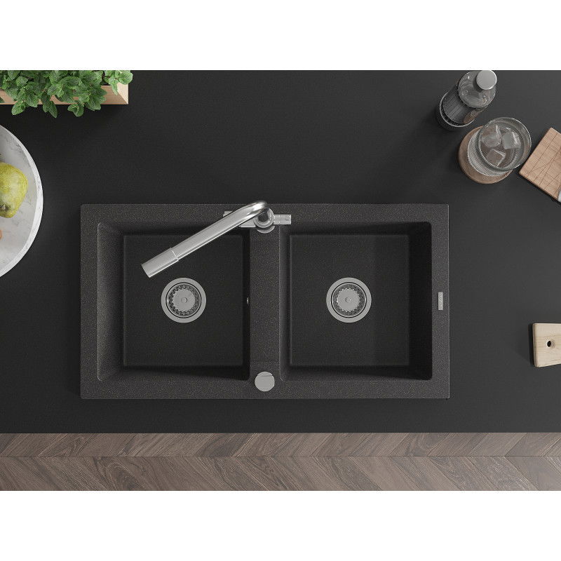 Mexen Mario žulový drez 2-komorový s kuchynskou batériou Duero, čierny škvrnitý - 6504-76-671600-00