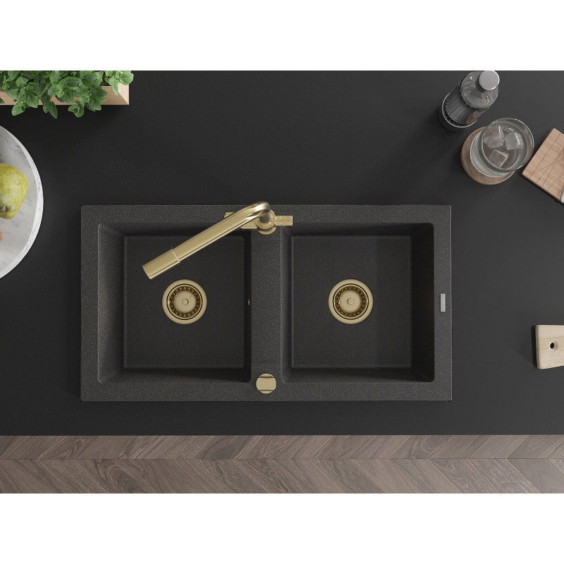 Mexen Mario žulový dvojkomorový drez s kuchynskou batériou Duero, čierny bodkovaný - 6504-76-671600-50