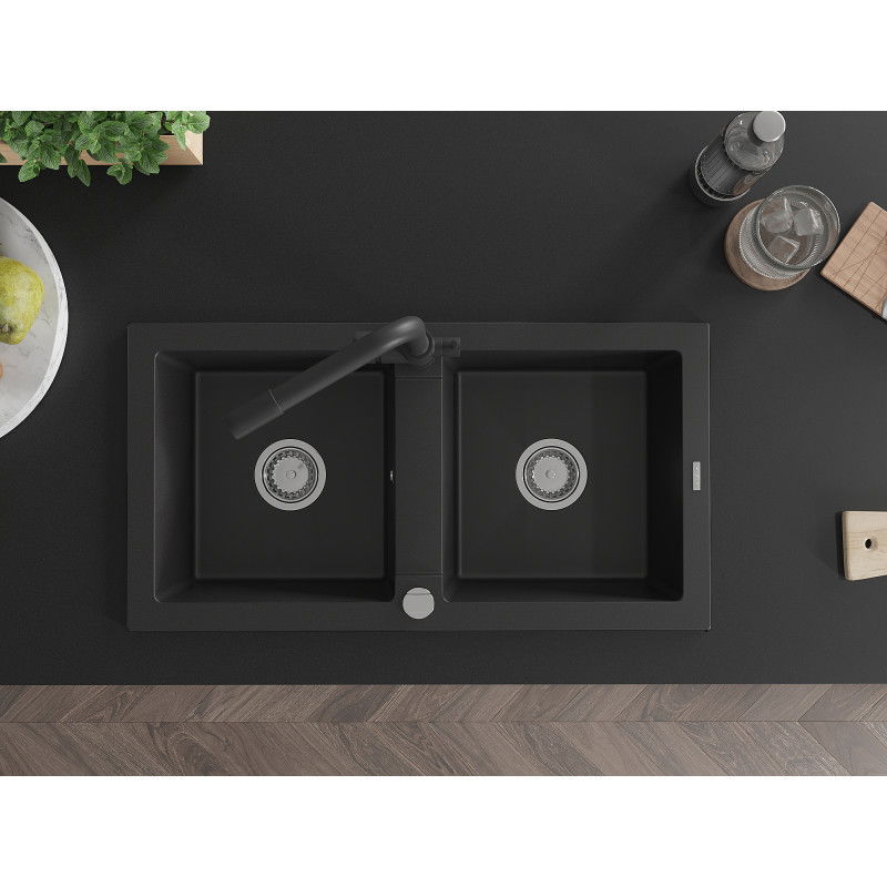 Mexen Mario granitový dvojkomorový drez s kuchynskou batériou Duero, čierny - 6504-77-671600-70