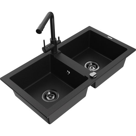 Mexen Mario granitový kuchynský drez 2-komorový s kuchynskou batériou Duero, čierny - 6504-77-671600-70-B