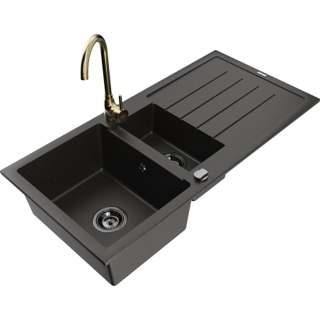 Mexen Andres granitový drez s 1,5 komorami s odkvapkávačom a kuchynskou batériou Telma, čierny/zlatý - 6515-75-670200-50-B
