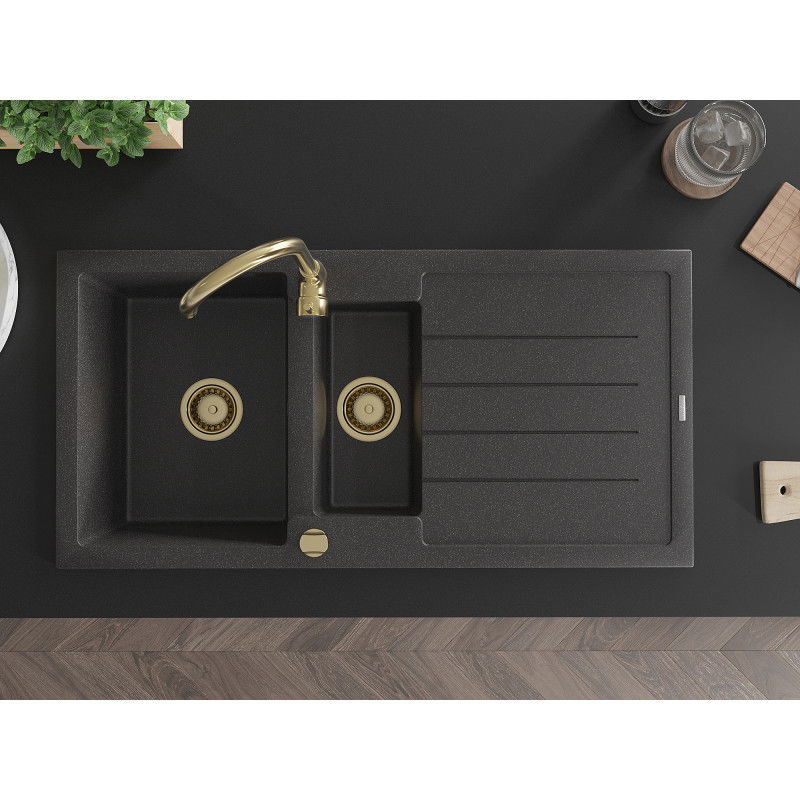 Mexen Andres granitový drez 1,5-komorový s odkvapkávacou plochou a kuchynskou batériou Telma, čierny s farebnými škvrnami