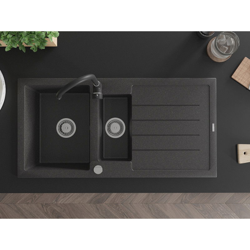 Mexen Andres granitový drez, 1,5-komorový s odkvapkávacou plochou a kuchynskou batériou Telma, čierny škvrnitý