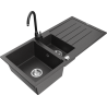 Mexen Andres granitový drez, 1,5-komorový s odkvapkávacou plochou a kuchynskou batériou Telma, čierny škvrnitý