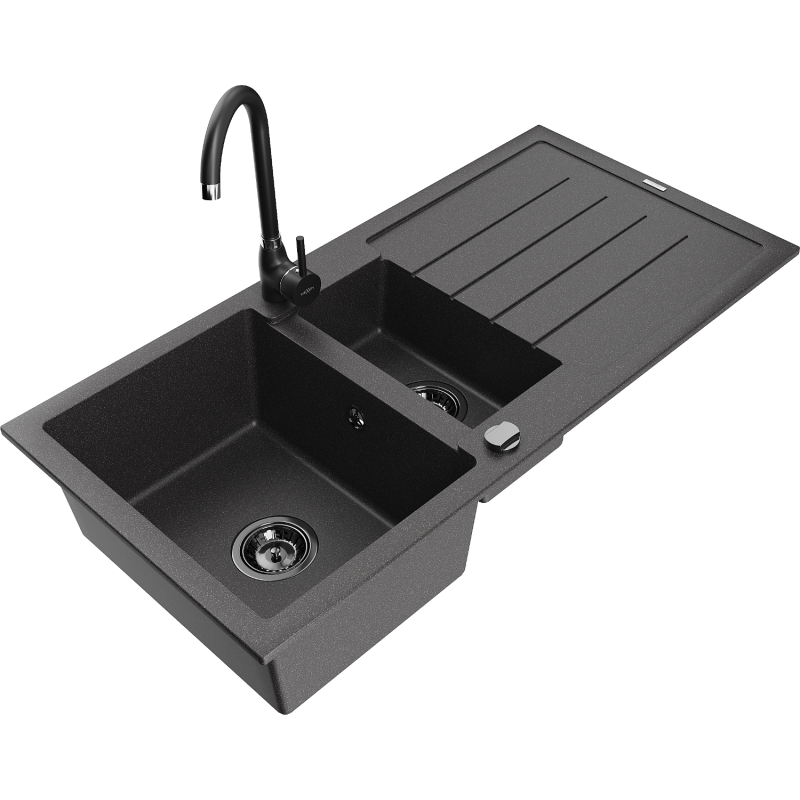 Mexen Andres žulový drez s 1,5 komorou s odkvapkávačom a kuchynskou batériou Telma, čierny s bodkami - 6515-76-670200-70-B