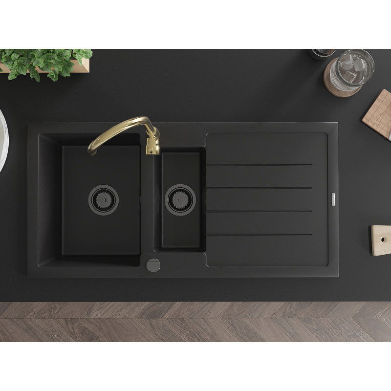 Mexen Andres žulový drez 1,5-komorový s odkvapkávačom a kuchynskou batériou Telma, čierny - 6515-77-670200-50-B