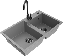 Mexen Tomas žulový drez s 2 komorami s kuchynskou batériou Telma, sivý - 6516-71-670200-70-B