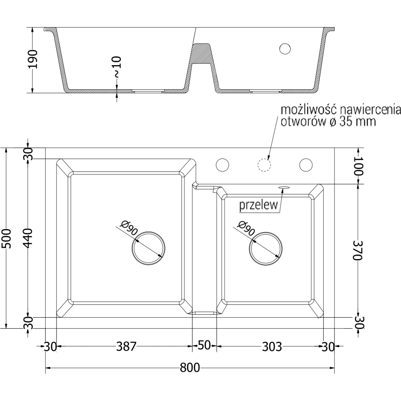Mexen Tomas žulový kuchynský drez 2-komorový s kuchynskou batériou Telma, čierny/zlatý metalik - 6516-75-670200-70