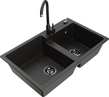 Mexen Tomas žulový dvojkomorový kuchynský drez s kuchynskou batériou Telma, čierny/zlatý metalický - 6516-75-670200-70-B