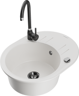 Mexen Kevin žulový kuchynský drez 1-komorový s odkvapkávačom a kuchynskou batériou Telma, biely - 6517-20-670200-70