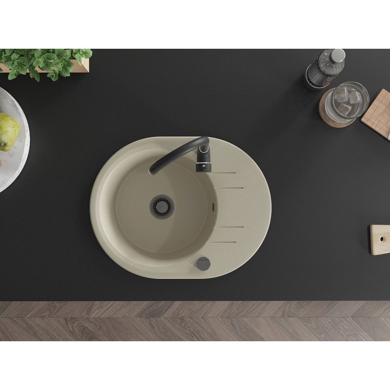 Mexen Kevin žulový drez 1-komorový s odkvapkávačom a kuchynskou batériou Telma, béžový - 6517-69-670200-70