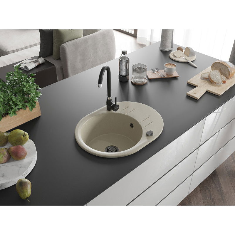 Mexen Kevin žulový drez 1-komorový s odkvapkávačom a kuchynskou batériou Telma, béžový - 6517-69-670200-70