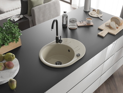 Mexen Kevin žulový drez 1-komorový s odkvapkávačom a kuchynskou batériou Telma, béžový - 6517-69-670200-70