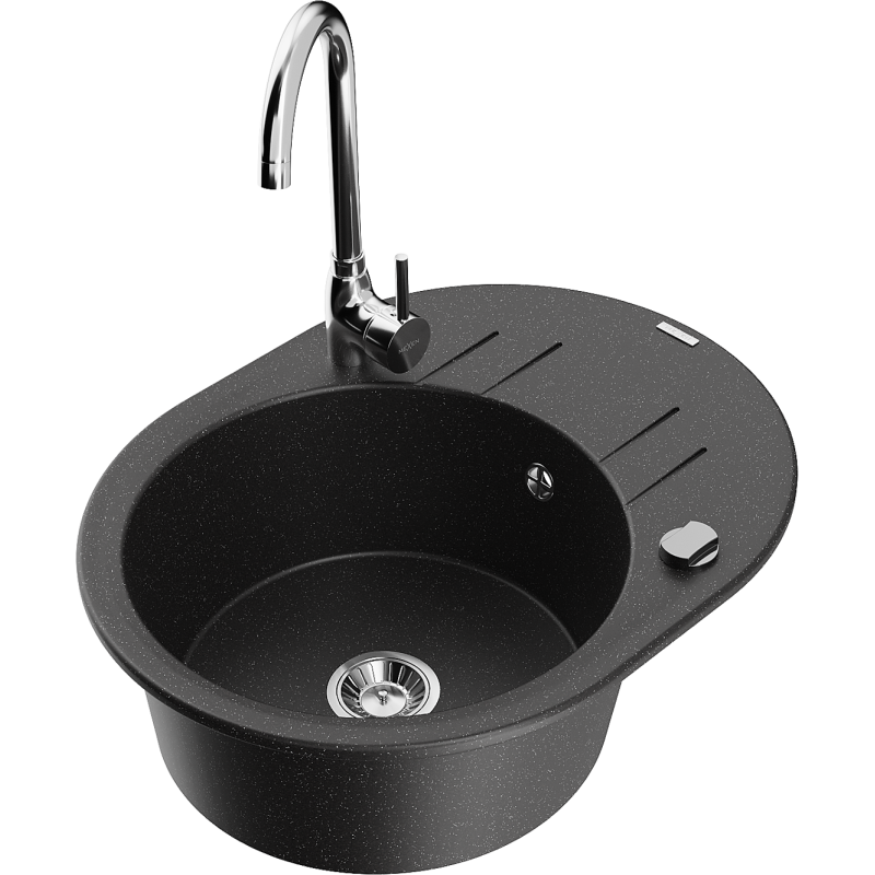 Mexen Kevin granitový kuchynský drez s jednou komorou a odkvapkávačom a kuchynskou batériou Telma, čierny/strieborný