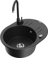 Mexen Kevin granitový drez s 1 oddelením s odkvapkávačom a kuchynskou batériou Telma, čierny/strieborný metalický