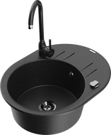 Mexen Kevin granitový drez s 1 komorou s odkvapkávačom a kuchynskou batériou Telma, čierny/strieborný metalický