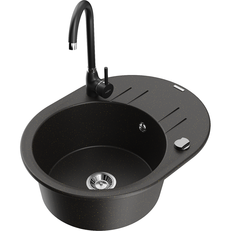 Mexen Kevin granitový drez s 1 komorou, odkvapkávačom a kuchynskou batériou Telma, čierny/zlatý metalík