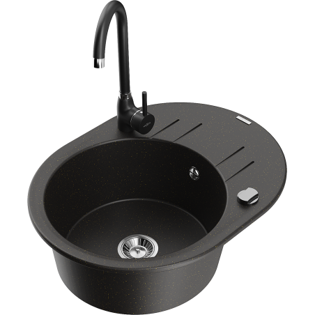 Mexen Kevin granitový drez s 1 komorou, odkvapkávačom a kuchynskou batériou Telma, čierny/zlatý metalík