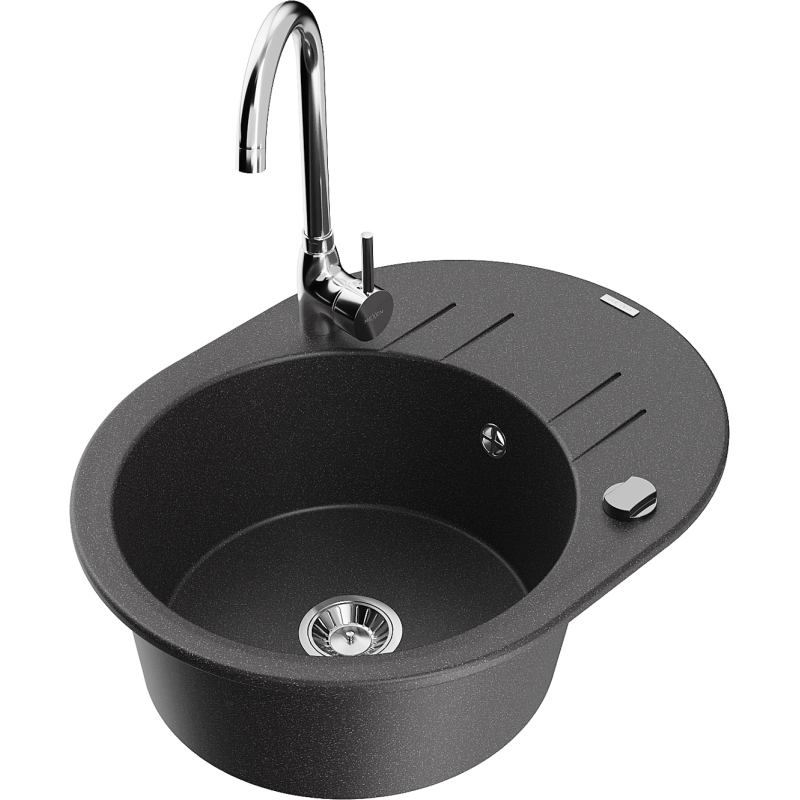 Mexen Kevin žulový drez s 1 komorou, odkvapkávačom a kuchynskou batériou Telma, čierny bodkovaný - 6517-76-670200-00