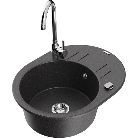 Mexen Kevin žulový drez s 1 komorou, odkvapkávačom a kuchynskou batériou Telma, čierny bodkovaný - 6517-76-670200-00