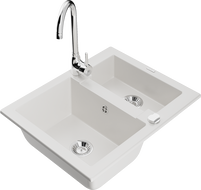 Mexen Carlos žulový drez 1,5-komorový s kuchynskou batériou Telma, biely - 6518-20-670200-00