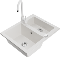 Mexen Carlos žulový drez 1,5-komorový s kuchynskou batériou Telma, biely - 6518-20-670200-20