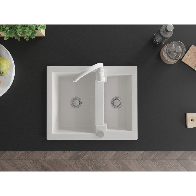 Mexen Carlos žulový drez 1,5-komorový s kuchynskou batériou Telma, biely - 6518-20-670200-20