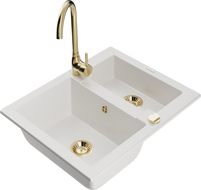 Mexen Carlos granitový drez 1,5-komorový s kuchynskou batériou Telma, biely - 6518-20-670200-50