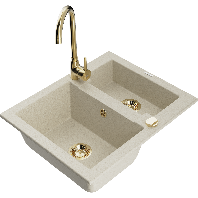 Mexen Carlos žulový 1,5-komorový drez s kuchynskou batériou Telma, béžový - 6518-69-670200-50