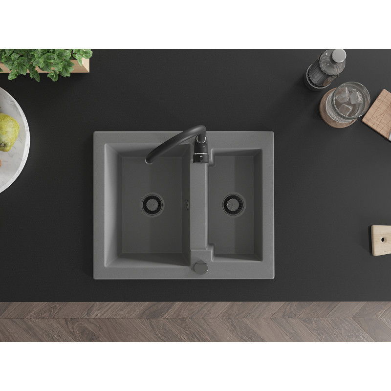 Mexen Carlos žulový drez 1,5-komorový s kuchynskou batériou Telma, sivý - 6518-71-670200-70-B