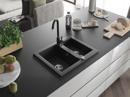 Mexen Carlos granitový drez 1,5-komorový s kuchynskou batériou Telma, čierny/strieborný metalik - 6518-73-670200-70