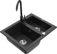 Mexen Carlos granitový drez 1,5-komorový s kuchynskou batériou Telma, čierny/strieborný metalik - 6518-73-670200-70