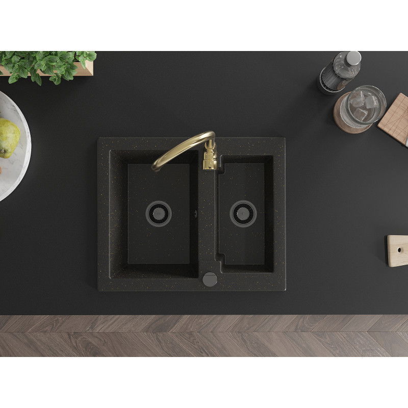 Mexen Carlos granitový kuchynský drez 1,5-komorový s kuchynskou batériou Telma, čierny/zlatý metalik - 6518-75-670200-50-B
