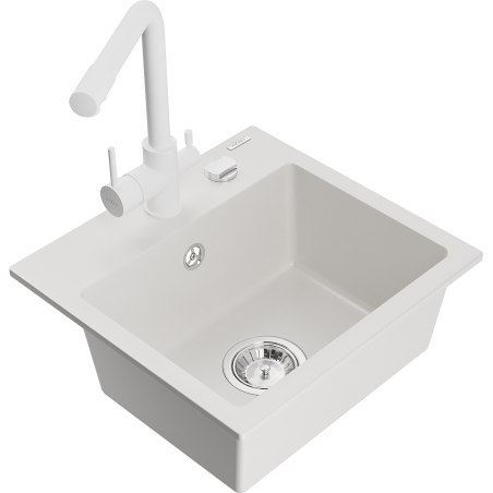 Mexen Milo granitový drez s 1 komorou a kuchynskou batériou Duero, biely - 6505-20-671600-20