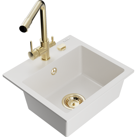 Mexen Milo žulový kuchynský drez s 1 komorou a kuchynskou batériou Duero, biela - 6505-20-671600-50