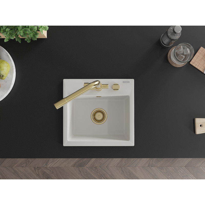 Mexen Milo žulový kuchynský drez s 1 komorou a kuchynskou batériou Duero, biela - 6505-20-671600-50