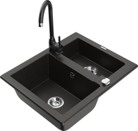 Mexen Carlos granitový drez 1,5-komorový s kuchynskou batériou Telma, čierny/zlatý metalik - 6518-75-670200-70