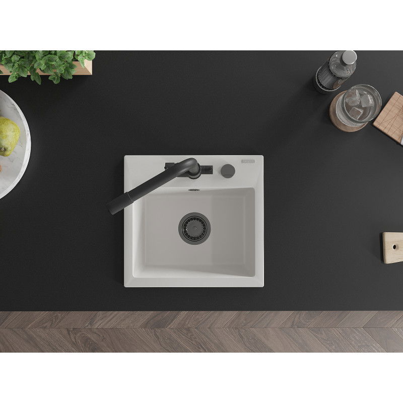 Mexen Milo granitový drez 1-komorový s kuchynskou batériou Duero, biely - 6505-20-671600-70