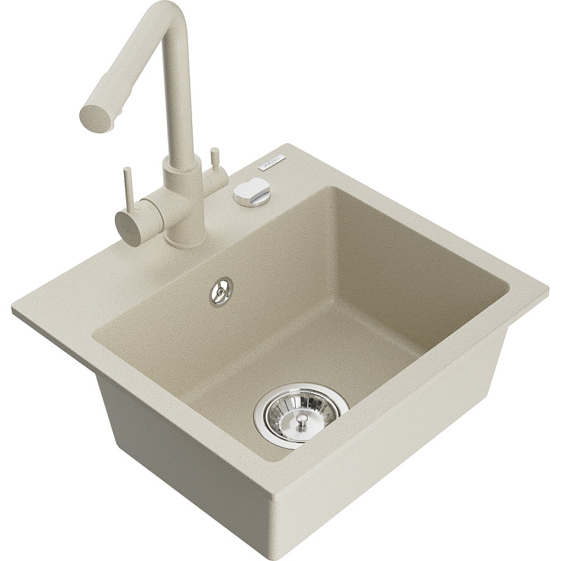 Mexen Milo granitový kuchynský drez 1-komorový s kuchynskou batériou Duero, béžový - 6505-69-671600-69